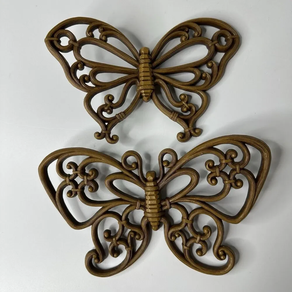 Vintage Syroco Homeco Butterfly Wall Hanging Set Of 2 Brown Decor Plaque‎ MCM